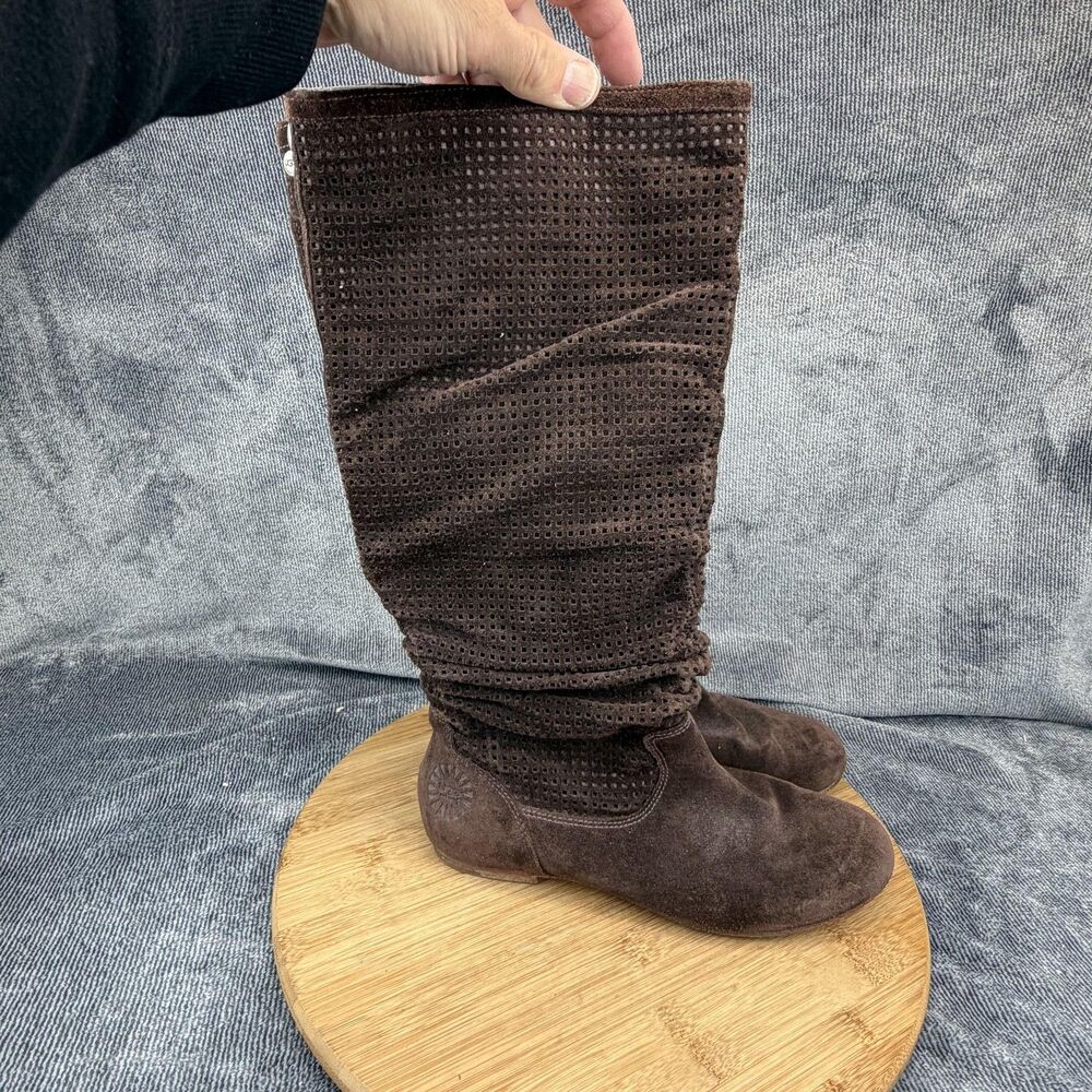 UGG Boots Womens Size 7 Brown Suede Perforated Knee High Slip On Flat 1947